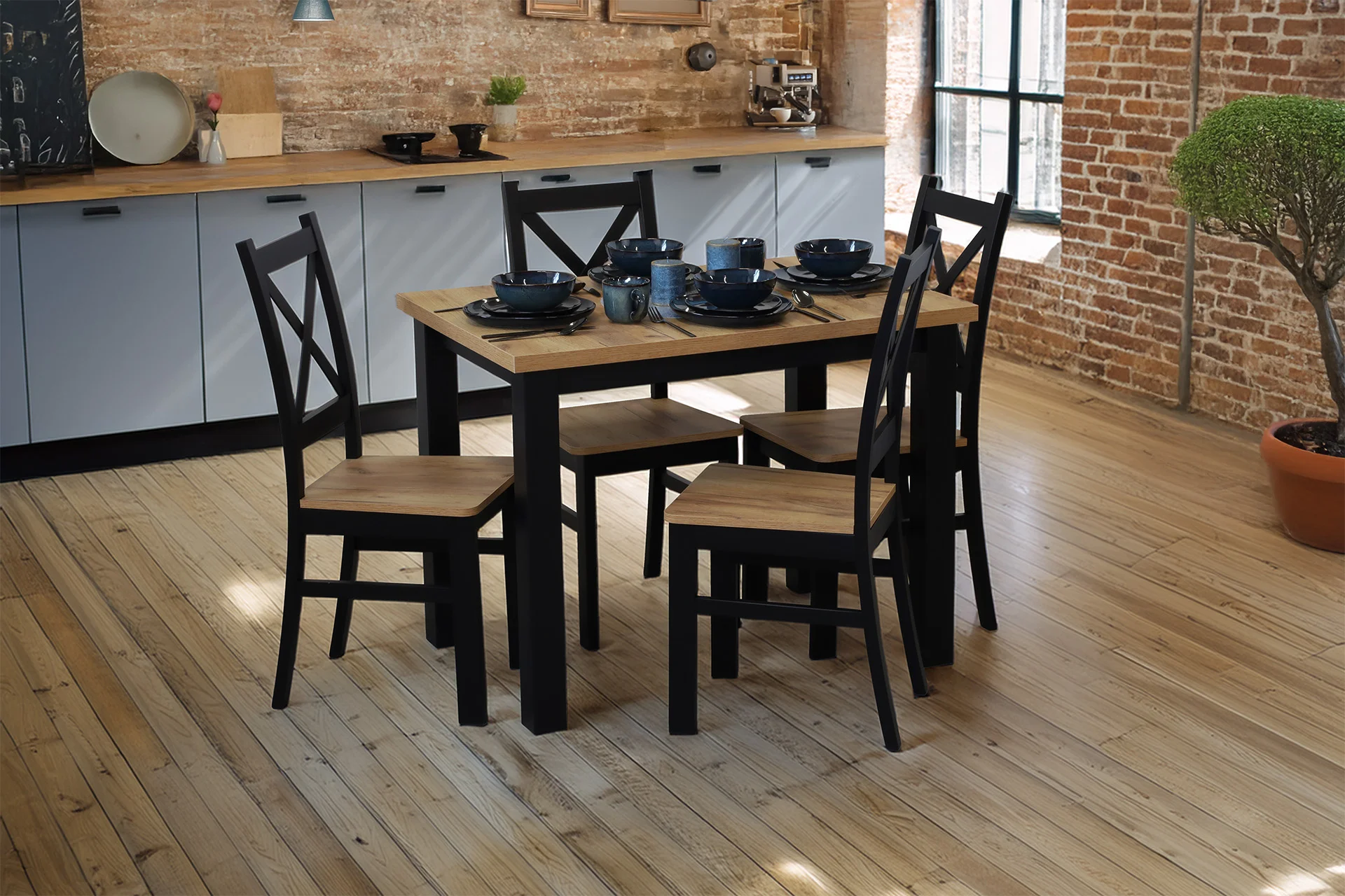 Set masa cu 4 scaune M019-4 Negru/Stejar Craft [2]