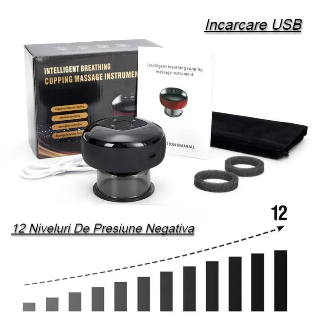 Aparat vacuum electric, Terapie prin ventuze, masaj si incalzire, Imbunatateste circulatia sanguina, 12 niveluri presiune negativa, 12 niveluri de incalzire, Negru [5]
