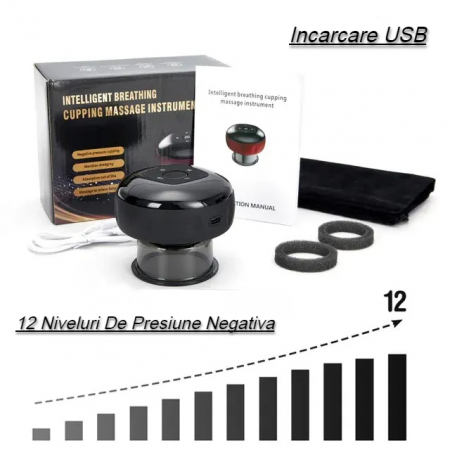 Aparat vacuum electric, Terapie prin ventuze, masaj si incalzire, Imbunatateste circulatia sanguina, 12 niveluri presiune negativa, 12 niveluri de incalzire, Negru [4]