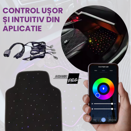 Set 4 covorase Auto LED, Material Rezistent la Apa, Efect de Constelatie, Lux si Ambianta, Fibra Optica, Bluetooth, Control Remote + Aplicatie, 8 Culori, Alimentare la Bricheta, Negru [3]