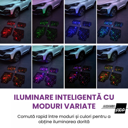 Set 4 covorase Auto LED, Material Rezistent la Apa, Efect de Constelatie, Lux si Ambianta, Fibra Optica, Bluetooth, Control Remote + Aplicatie, 8 Culori, Alimentare la Bricheta, Negru [4]