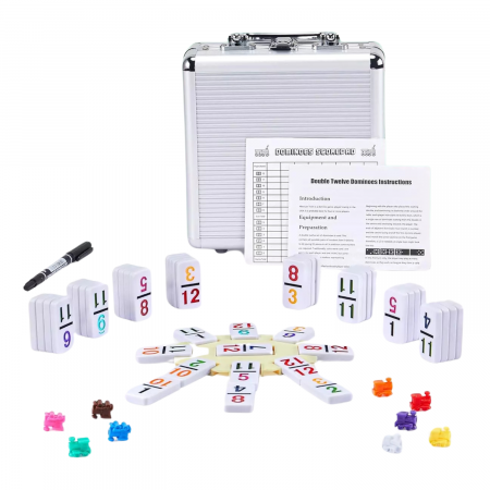 Jocuri - Set Domino Mexican Train 12 AcronicPro, Cutie de Transport Din Aluminiu, Pentru Joc Cu Pritenii sau In Familie, Distractia Perfecta
