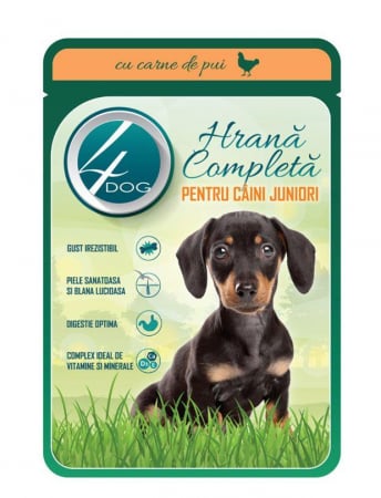 PROMOȚII - 4DOG Junior cu Pui, Hrana Umeda Caini Juniori (in sos), 100 g