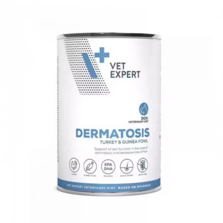 Hrană dietetică umedă câini - 4T Dermatosis Dog Curcan si Bibilica, Conserva Hrana Umeda Caini Adulti, 400 g