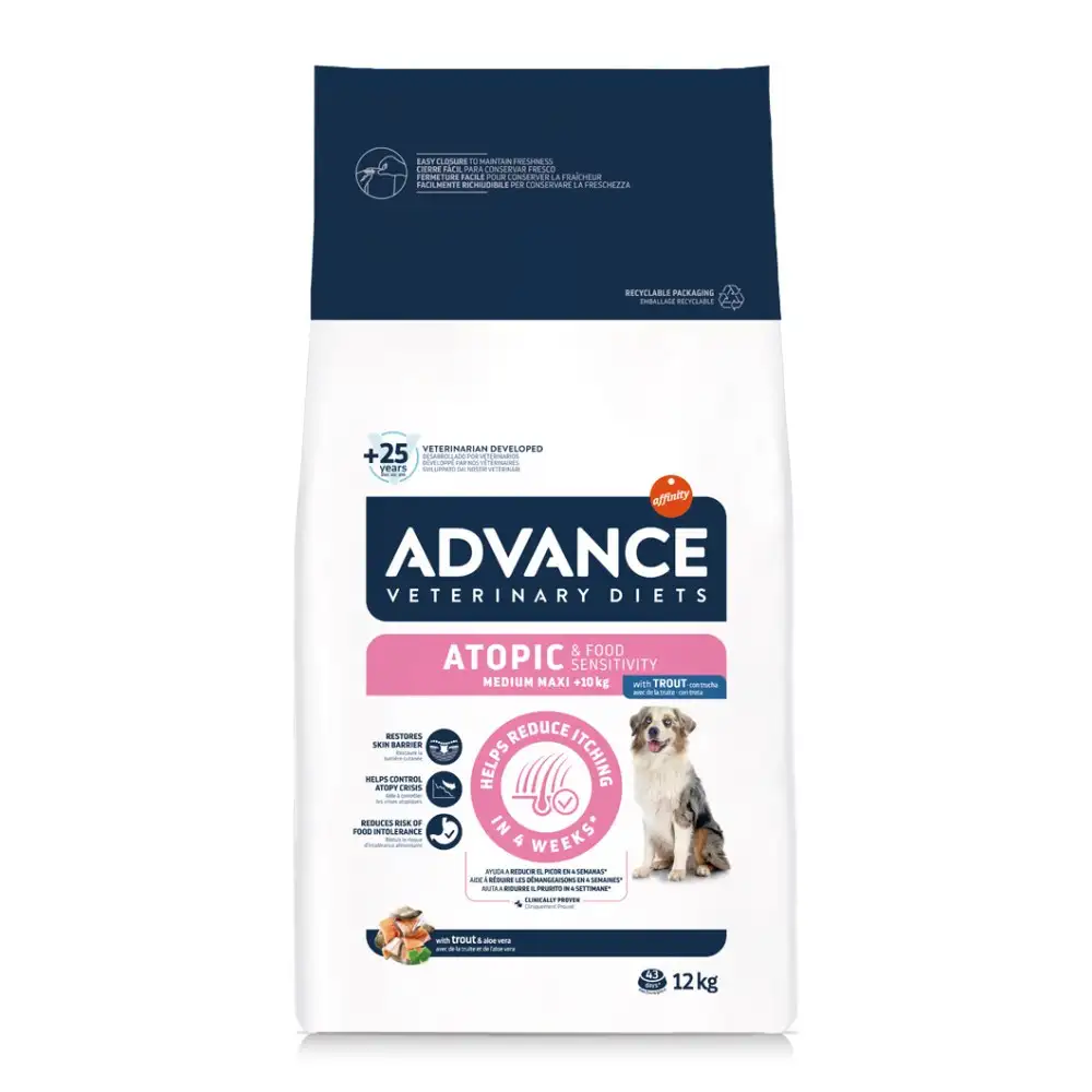 Hrană dietetică uscată câini - ADVANCE Dog Atopic Derma Care Medium/Maxi, Hrana Uscata Caini Adulti cu Pastrav 12 kg