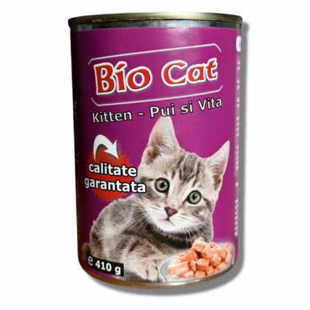 Hrană umedă pisici - BIOCAT KITTEN Pui si Vita, Hrana Umeda Pisici Junior, 410 g