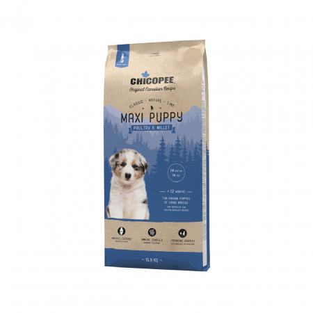 Hrană uscată câini - Chicopee Classic Nature Line Maxi Puppy Pasare si Mei, Hrana Uscata Caini Junior Talie Mare, 15 kg