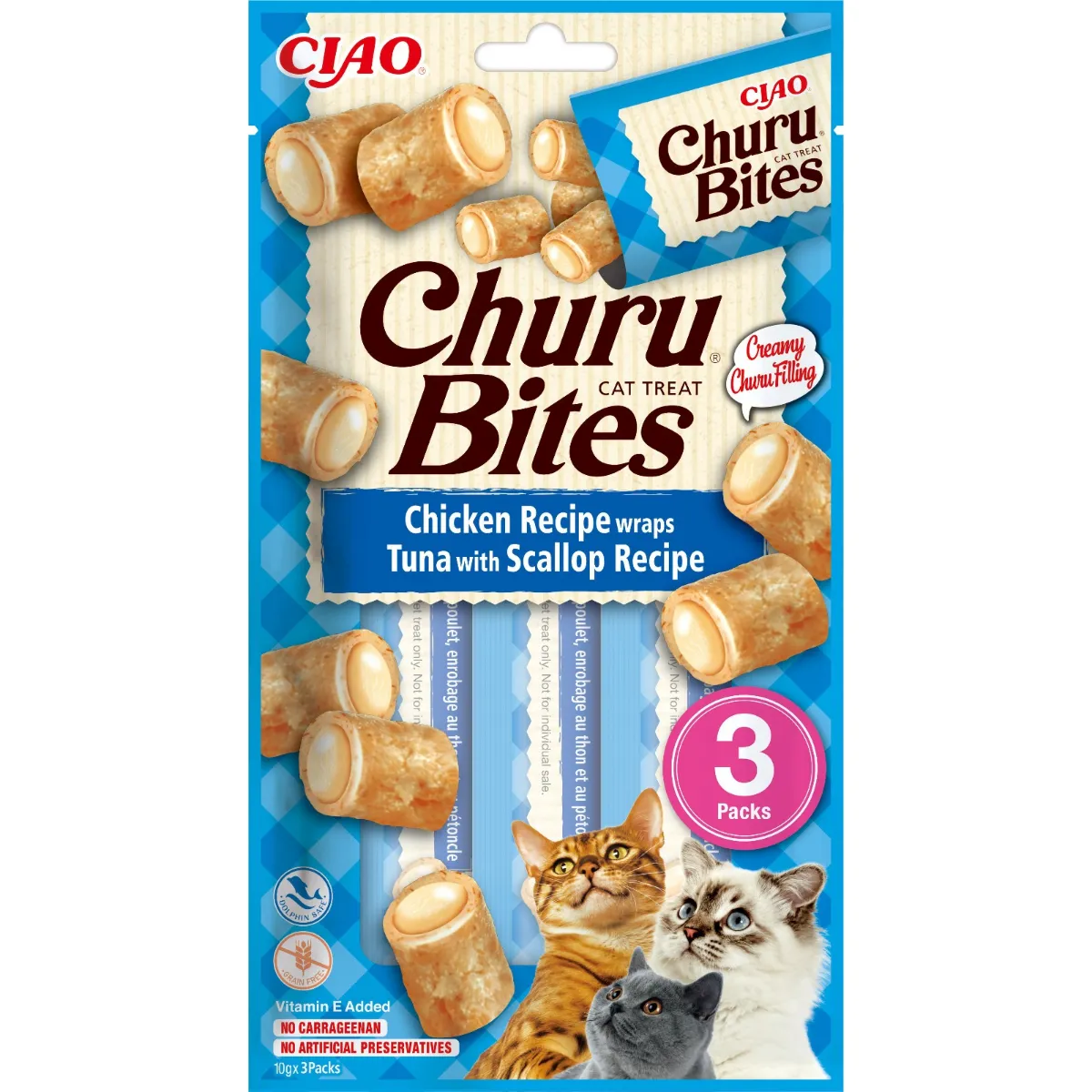 Recompense și Snack-uri - Churu Bites, Pernute Umplute cu Pui, Ton și Scoici 3 x 10 g (EU722)