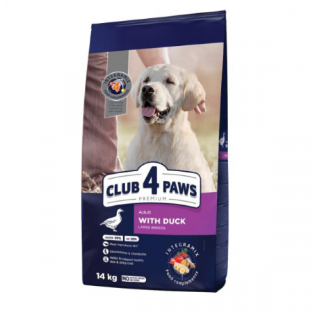 Hrană uscată câini - CLUB 4 PAWS Adult Dog Large Breeds, Hrană Uscată Câini Adulți Talie Mare, cu Rață, 14 Kg