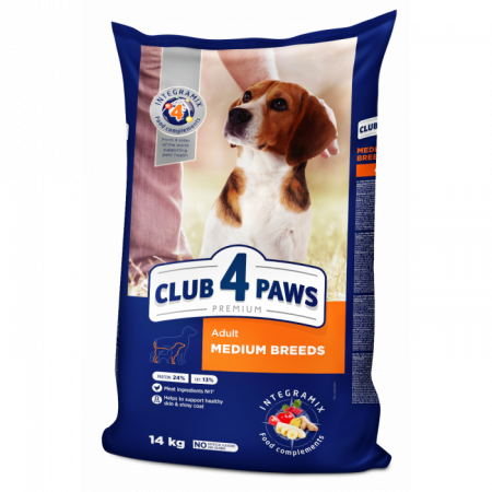 Hrană uscată câini - CLUB 4 PAWS Adult Dog Medium Breeds,  Hrana Uscata Caini Adulti Talie Medie, cu Pui, 14 kg