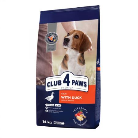 Hrană uscată câini - CLUB 4 PAWS Adult Dog Medium Breeds, Hrană Uscată Câini Adulți Talie Medie, cu Rață, 14 Kg