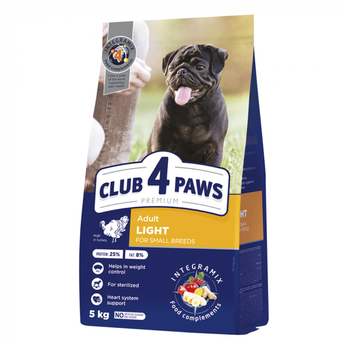 Hrană uscată câini - CLUB 4 PAWS Adult Dog Small Breeds Light,  Hrană Uscată Câini Adulți Talie Mică (Controlul Greutății), 5 kg