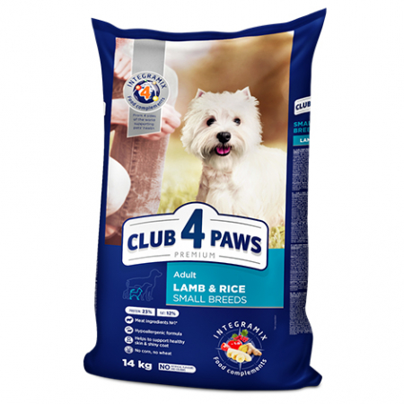 Hrană uscată câini - CLUB 4 PAWS Adult Dog Small Breeds,  Hrana Uscata Caini Adulti Talie Mica, Miel si Orez, 14 kg