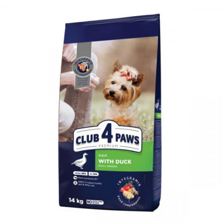 Hrană uscată câini - CLUB 4 PAWS Adult Dog Small Breeds,  Hrană Uscată Câini Adulți Talie Mică, cu Rață, 14 Kg