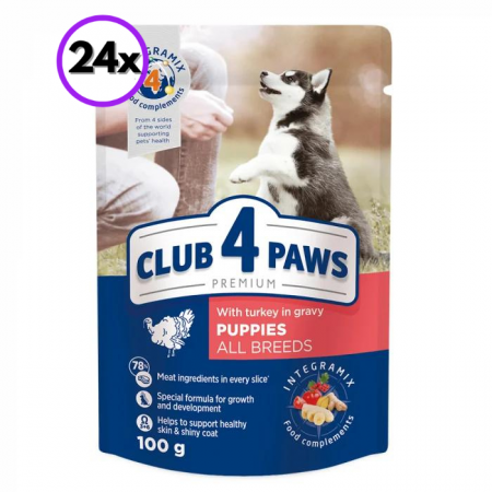 CÂINI - CLUB 4 PAWS Puppies All Breeds, Hrana Umeda Catei Junior, Curcan in Sos, 100g