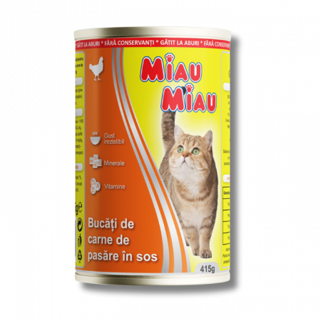 Hrană umedă pisici - Miau Miau Conserva cu Pui, Hrana Umeda Pisici Adulte, 415 g