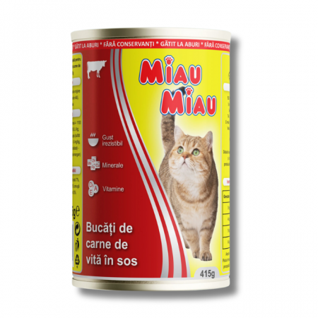 Hrană umedă pisici - Miau Miau Conserva cu Vita, Hrana Umeda Pisici Adulte, 415 g