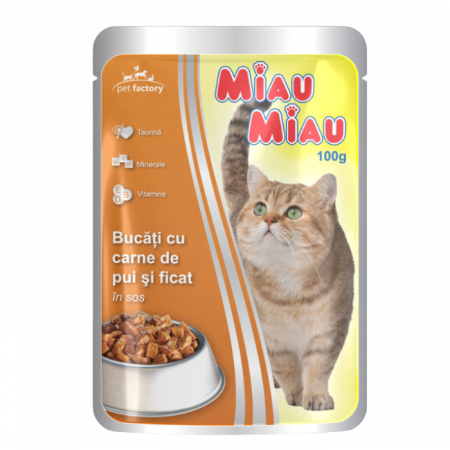 PROMOȚII - Miau Miau Pui și Ficat, Hrana Umeda Pisici Adulte (in sos), 100 g
