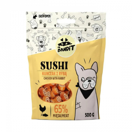 Recompense și Snack-uri - Mr. Bandit Sushi Chicken & Fish, Recompense pentru Caini, Pui si Peste, 500g
