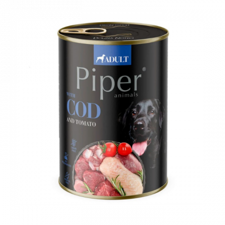 Hrană umedă câini - Piper Animals Adult Dog Cod si Tomate, Conserva Hrana Umeda Fara Cereale Caini Adulti, 400 g