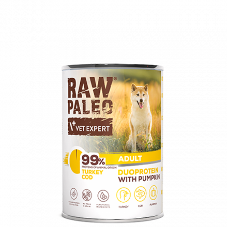 Hrană umedă câini - Raw Paleo Adult Curcan, Cod si Dovleac, Hrana Umeda Duoproteica Caini Adulti, 400 g