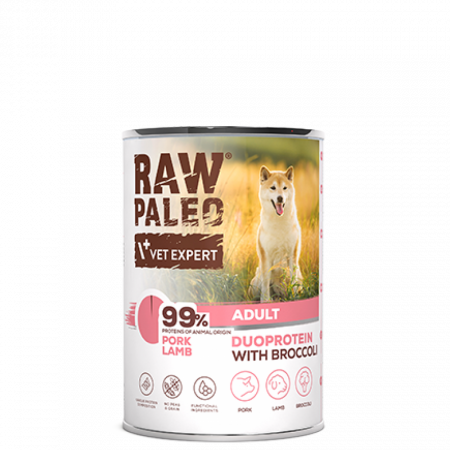 Hrană umedă câini - Raw Paleo Adult Porc, Miel si Broccoli, Hrana Umeda Duoproteica Caini Adulti, 400 g