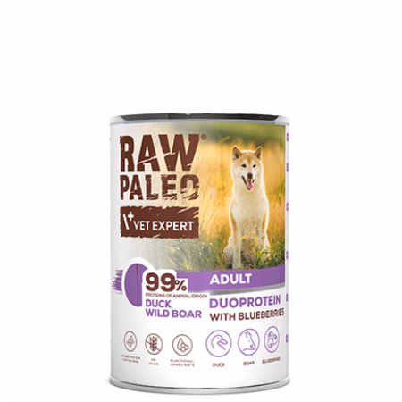 Hrană umedă câini - Raw Paleo Adult Rata, Mistret si Afine, Hrana Umeda Duoproteica Caini Adulti, 400 g