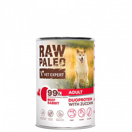 Hrană umedă câini - Raw Paleo Adult Vita si Iepure, Hrana Umeda Duoproteica Caini Adulti, 400 g