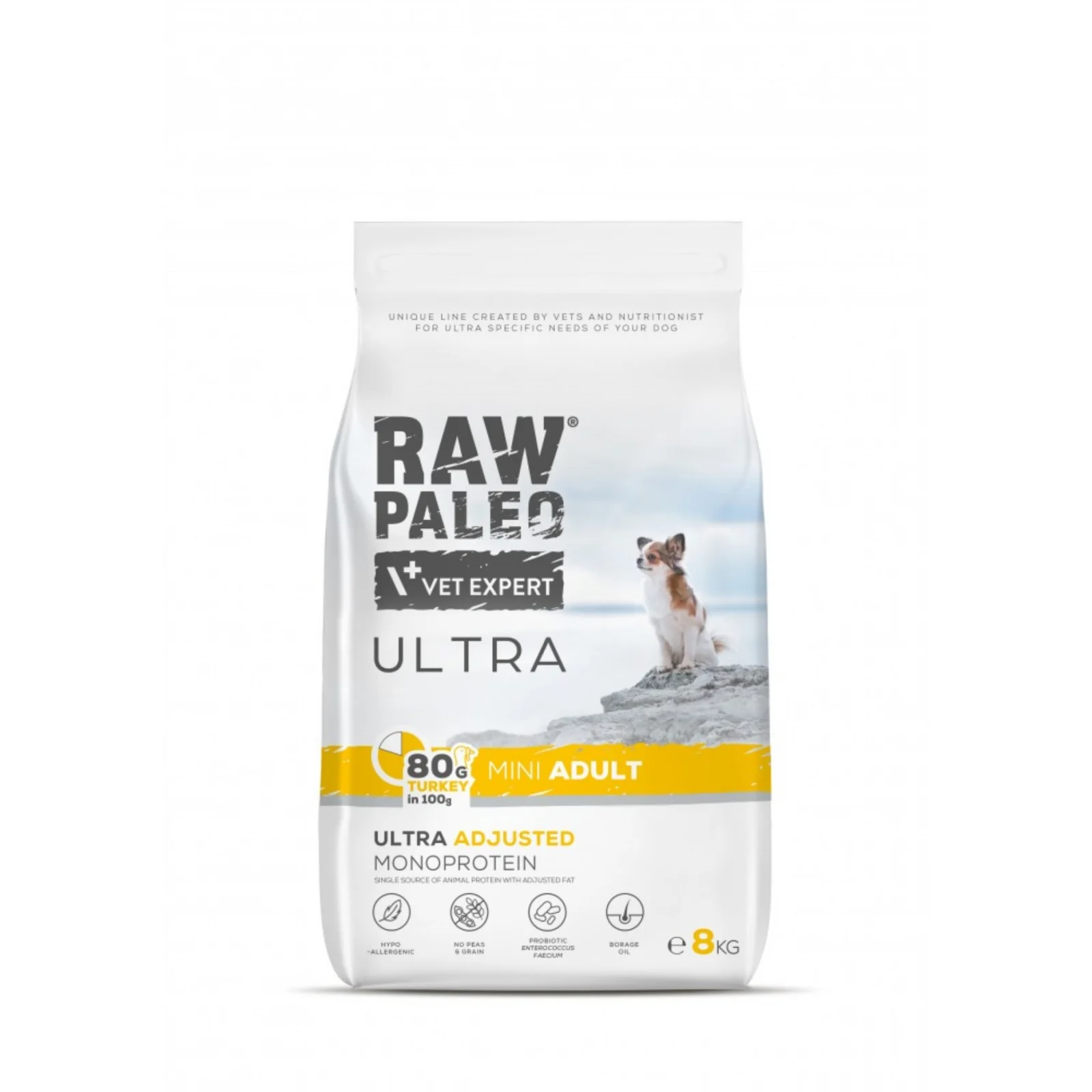 CÂINI - Raw Paleo Ultra Mini Adult Curcan, Hrana Uscata Monoproteica Caini Adulti Talie Mica, 8 kg