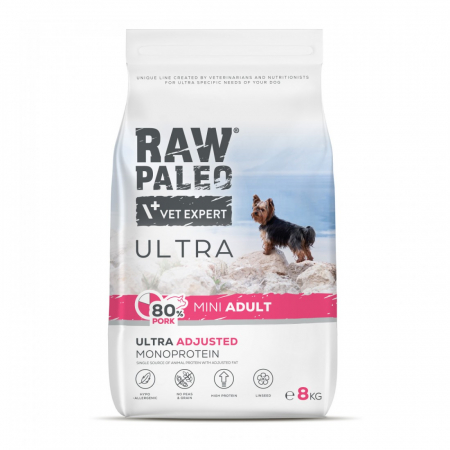 CÂINI - Raw Paleo Ultra Mini Adult Porc, Hrana Uscata Monoproteica Caini Adulti Talie Mica, 8 kg