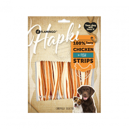 Recompense și Snack-uri - Recompense Caini FLAMINGO HAPKI STRIPS,  Pui si Peste, 400 g