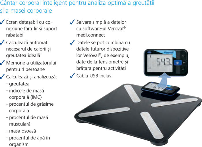 Analizor corporal si cantar Veroval, transfer date, display detasabil, memorie pt 4 utilizatori, 5 ani garantie + Glucometru Fora GD50 [5]