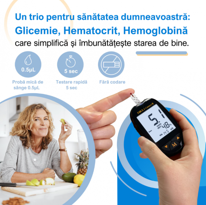Sistem multifunctional de monitorizare Fora 6 Connect (GD82) - Analizor Glicemie (BG), Hematocrit (HCT), Hemoglobina (HB), β-cetone (KB), Acid uric (UA), Colesterol total (TCH) [8]
