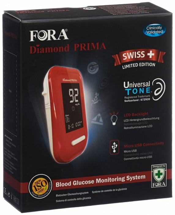 FORA Diamond Prima DM10 - Sistem de monitorizare a glicemiei (glucometru), iluminare backlit, comunicare vocala rezultat prin Universal Tone, transfer date PC [5]