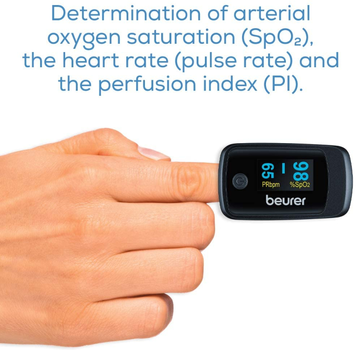 Pulsoximetru Beurer PO45, masoara saturatia arteriala de oxigen (SpO2), ritmul cardiac (puls) si indicele de perfuzie (IP) [6]