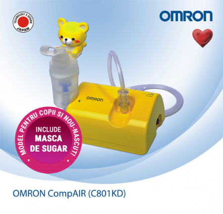 Nebulizator Omron C801 KD pentru copii ce include jucarii, are grutate mica si nu face zgomot.