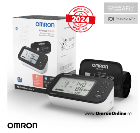 Tensiometre de brat - OMRON M7 Intelli IT AFib (HEM-7380T1-EBK) cu Bluetooth - Tensiometru de brat, detectare fibrilatie atriala, manseta inteligenta Intelli Cuff, transfer date Omron Connect, afisaj DUAL