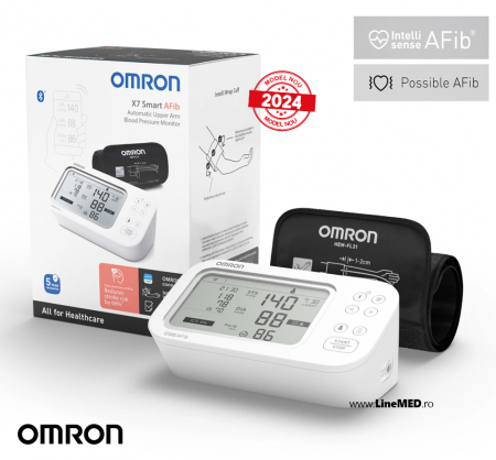 Tensiometre de brat - OMRON X7 Smart AFib (HEM-7380T1-EOSL) cu Bluetooth - Tensiometru de brat, detectare fibrilatie atriala, manseta inteligenta Intelli Cuff, transfer date Omron Connect, afisaj DUAL