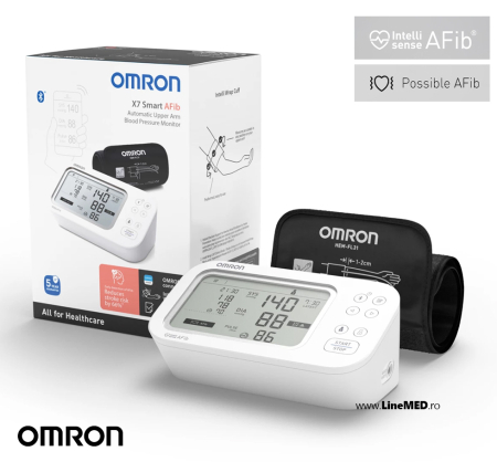 Tensiometre de brat - OMRON X7 Smart AFib (HEM-7380T1-EOSL) cu Bluetooth - Tensiometru de brat, detectare fibrilatie atriala, manseta inteligenta Intelli Cuff, transfer date Omron Connect, afisaj DUAL