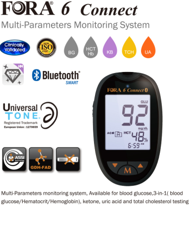 Sistem multifunctional de monitorizare Fora 6 Connect (GD82) - Analizor Glicemie (BG), Hematocrit (HCT), Hemoglobina (HB), β-cetone (KB), Acid uric (UA), Colesterol total (TCH) [1]