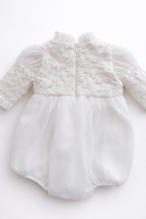 Body botez fetițe „Amelia” – dantelă florală, tull vaporos și panglica roz [2]