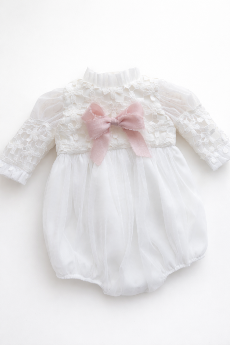Body botez fetițe „Amelia” – dantelă florală, tull vaporos și panglica roz [4]