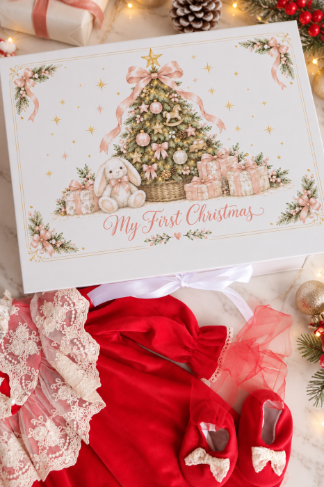 Set cadou Christmas Magic Little Claire cu rochiță roșie din catifea și dantelă ivoire, botoșei, bentiță și cutie de Crăciun. [2]