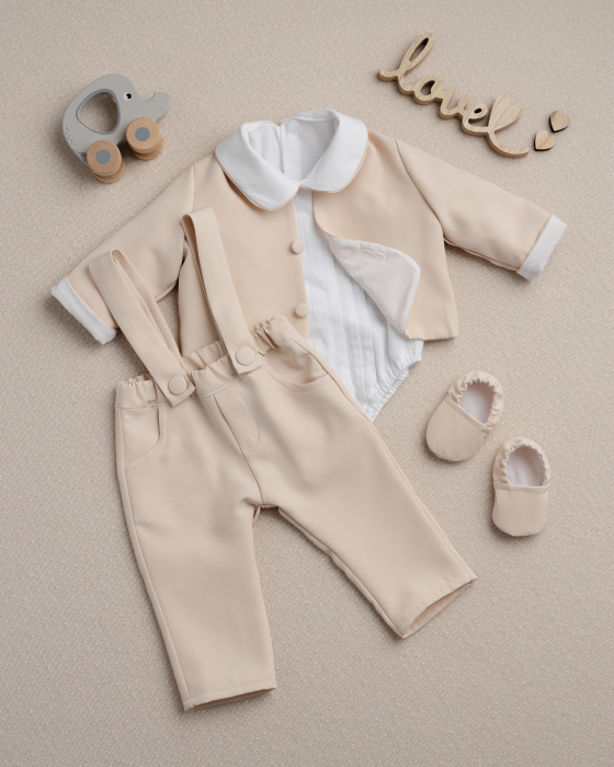 Costum botez băieți Matei”– set elegant crem cu bretele - 2 piese [2]