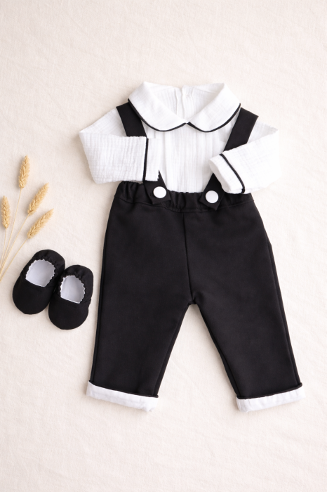 Costum Botez Băieți Matteo Black – Pantaloni cu Bretele & Body Muselină Premium [4]