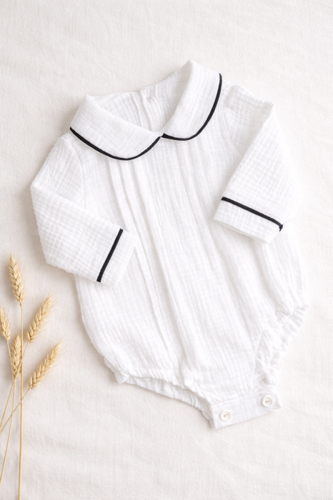 Costum Botez Băieți Matteo Black – Pantaloni cu Bretele & Body Muselină Premium [5]