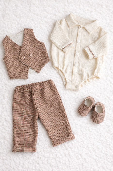 Costum Botez Sebastian Grenat premium din stofă și muselină Oeko-Tex [3]