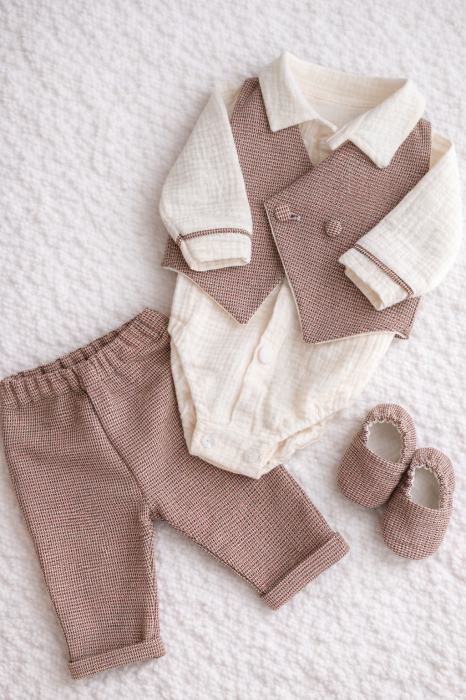 Costum Botez Sebastian Grenat premium din stofă și muselină Oeko-Tex [5]