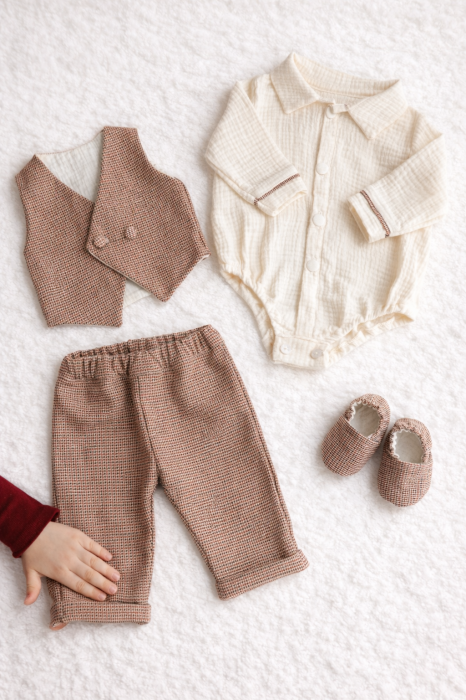 Costum Botez Sebastian Grenat premium din stofă și muselină Oeko-Tex [6]