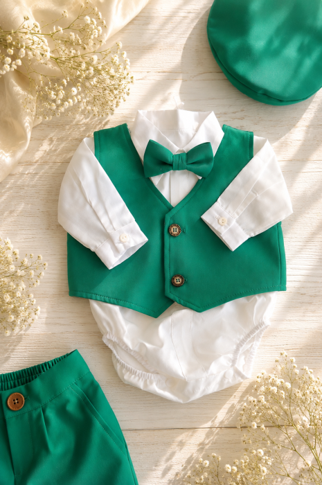 Costum elegant băieți 7 piese verde crud din stofă Barbie premium, cu sacou căptușit cu bumbac și body tip cămașă din bumbac. Ideal pentru botez, nuntă și evenimente speciale. [4]